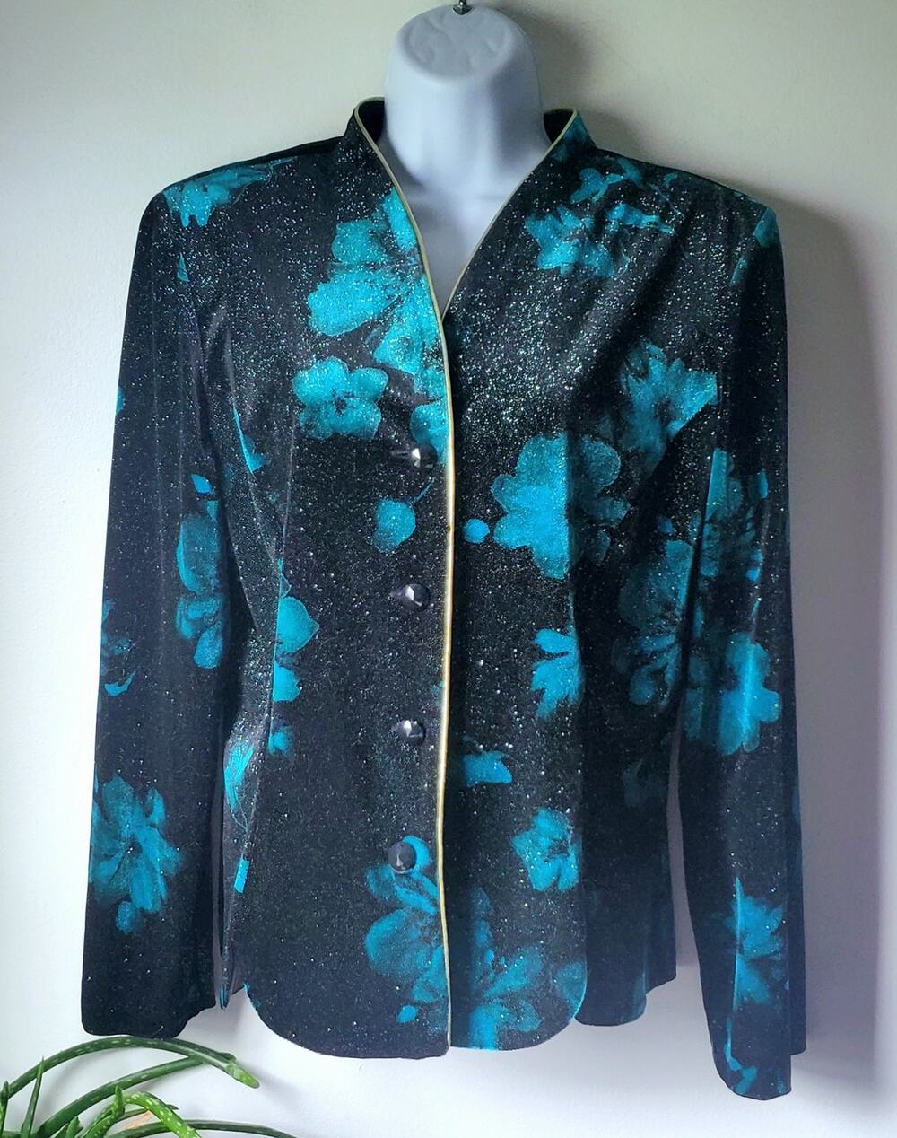 Vintage R&K Nights womens Green Teal Shinmer Floral Velvet Blouse Womens Size 10